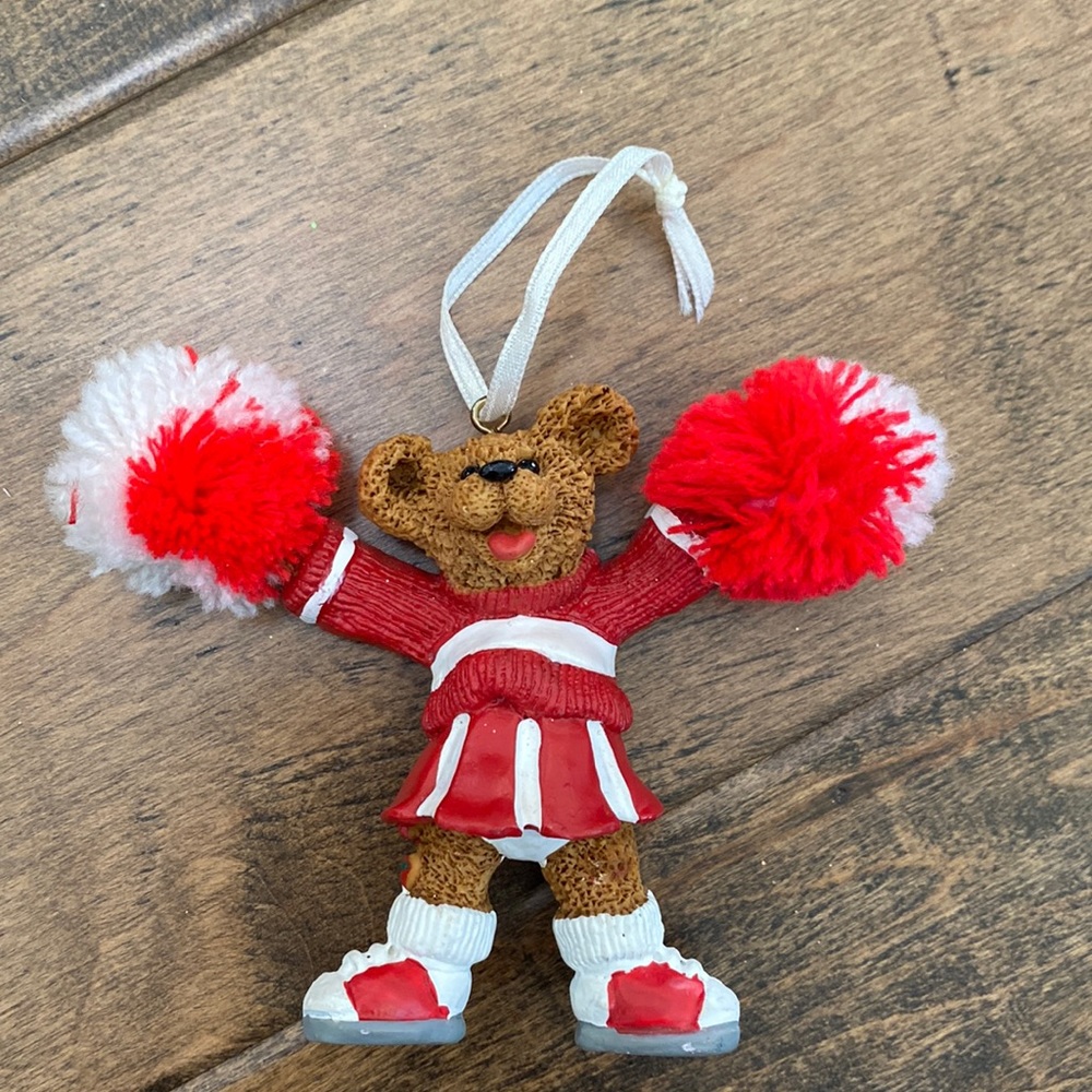 Red white Pom Pom bear cheerleader Christmas tree ornament